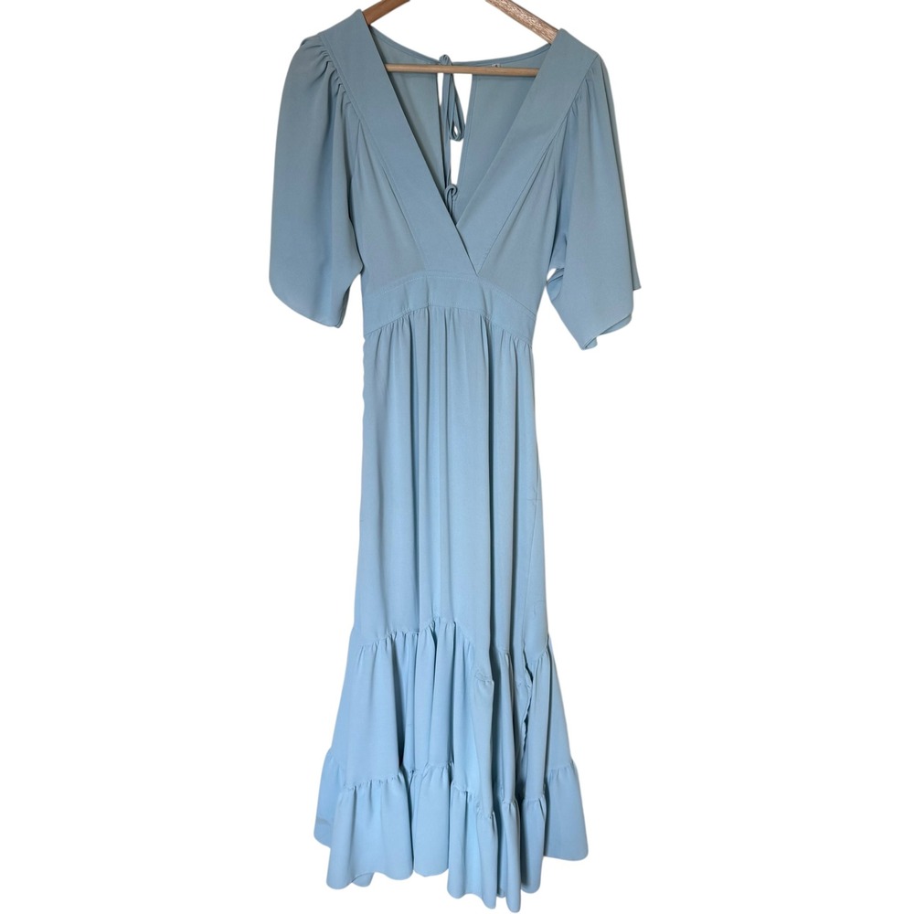 Unbranded Maxi‎ Dress Women Small Light Blue  Boho Tiered V-Neck Flutter Sleeve